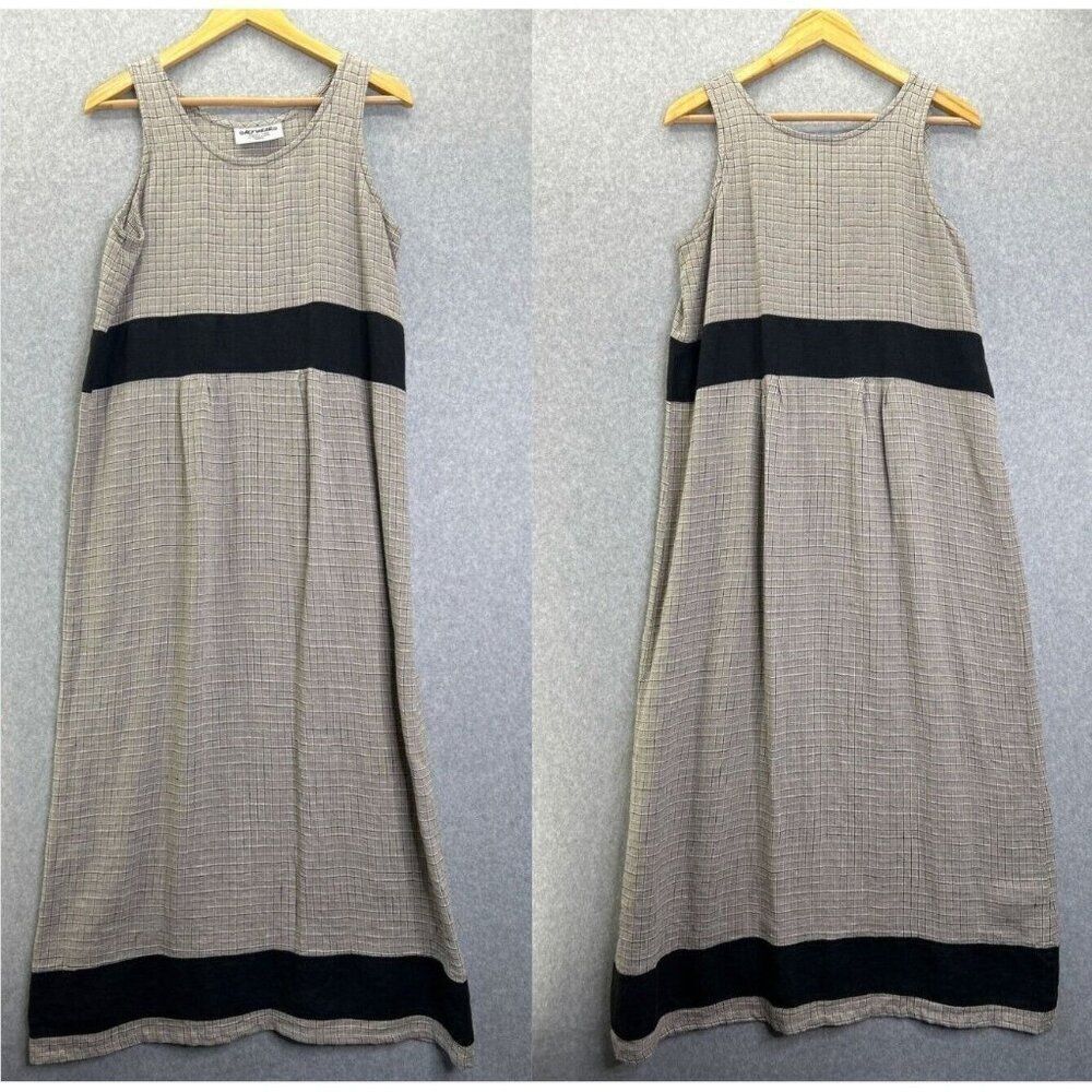 Women's Aly Wear Plaid Sleeveless‎ Maxi Dress Small Linen Cotton Black Oatmeal
